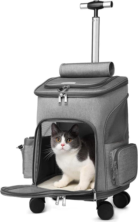 Airline-Approved Large Pet Carrier Backpack with Wheels, Featuring Durable Handle, Flexible Wheels, and Breathable Mesh Panels