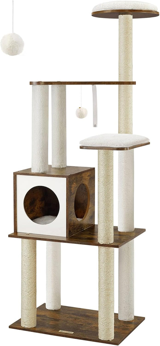 Woodywonders 65-Inch Modern Cat Tower - Multi-Level Indoor Cat Condo with 5 Scratching Posts, Perch, and Washable Removable Cushions in Rustic Brown