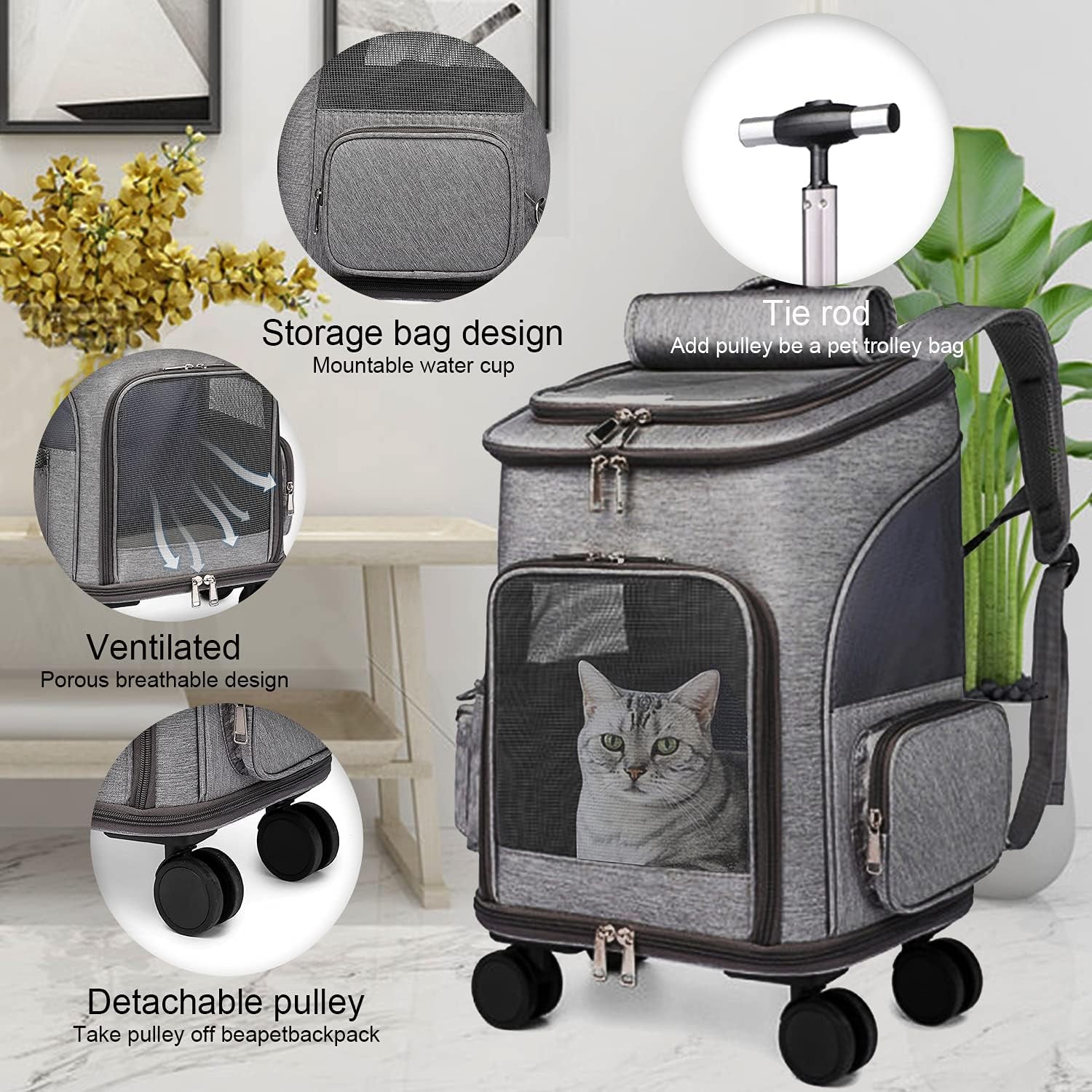 Airline-Approved Large Pet Carrier Backpack with Wheels, Featuring Durable Handle, Flexible Wheels, and Breathable Mesh Panels